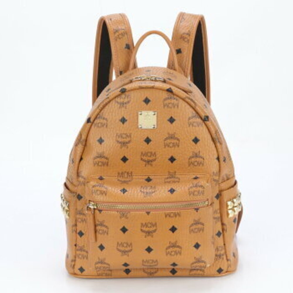 MCM Visetos Studded Leather Backpack Shoulder Bag Brown M